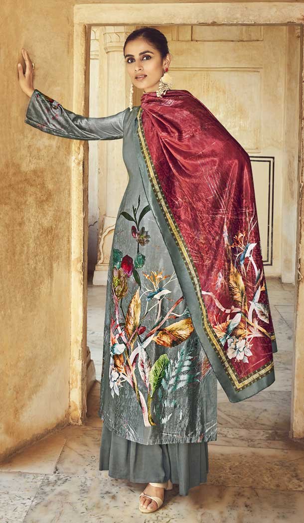 Grey Color Digital Printed Velvet Palazzo Style Festival Wear Salwar Kameez -4542155392