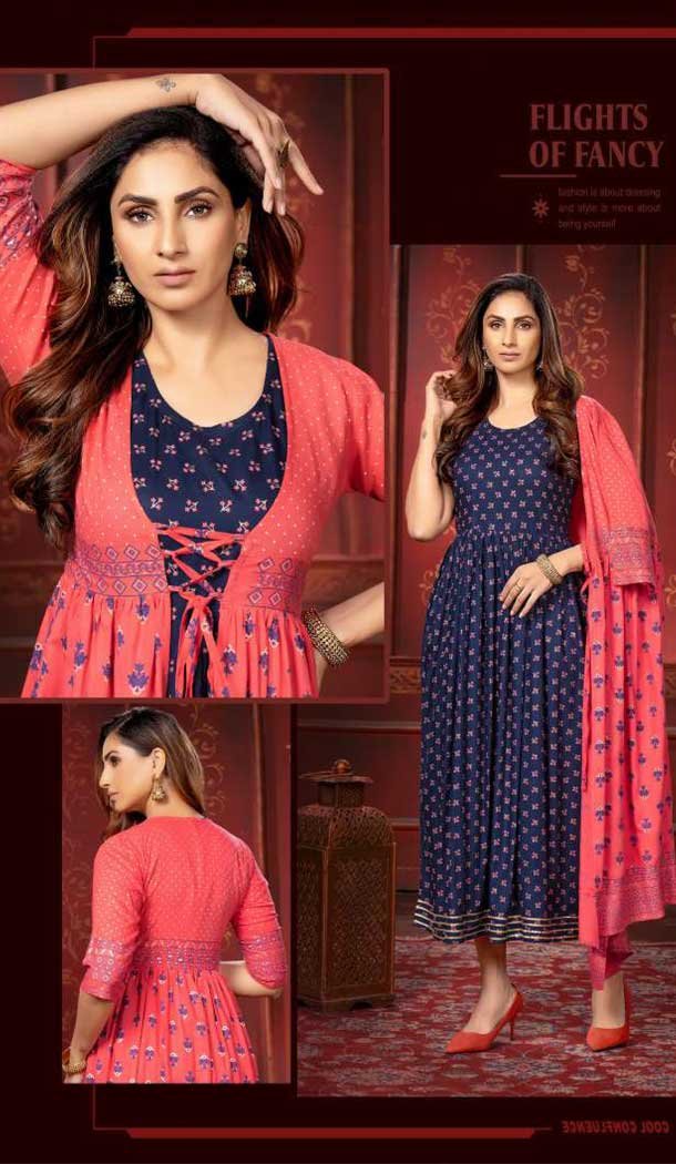 Navy Blue Rayon Gold Foil Printed Party Wear Kurti With Women Shrug-4545155414