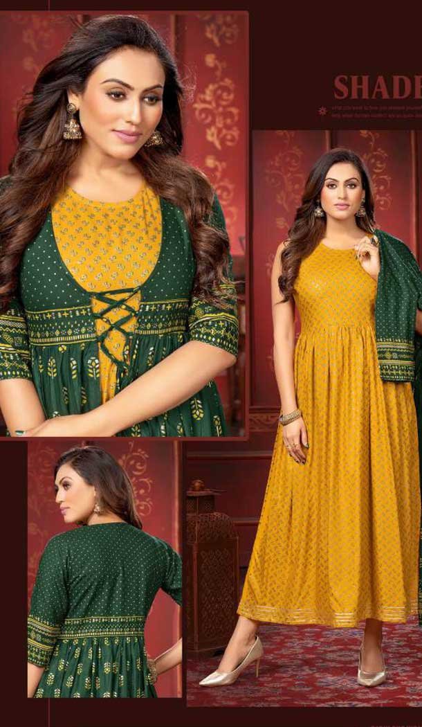 Mustard Color Rayon Gold Foil Printed Party Wear Kurti With Women Shrug-4545155418