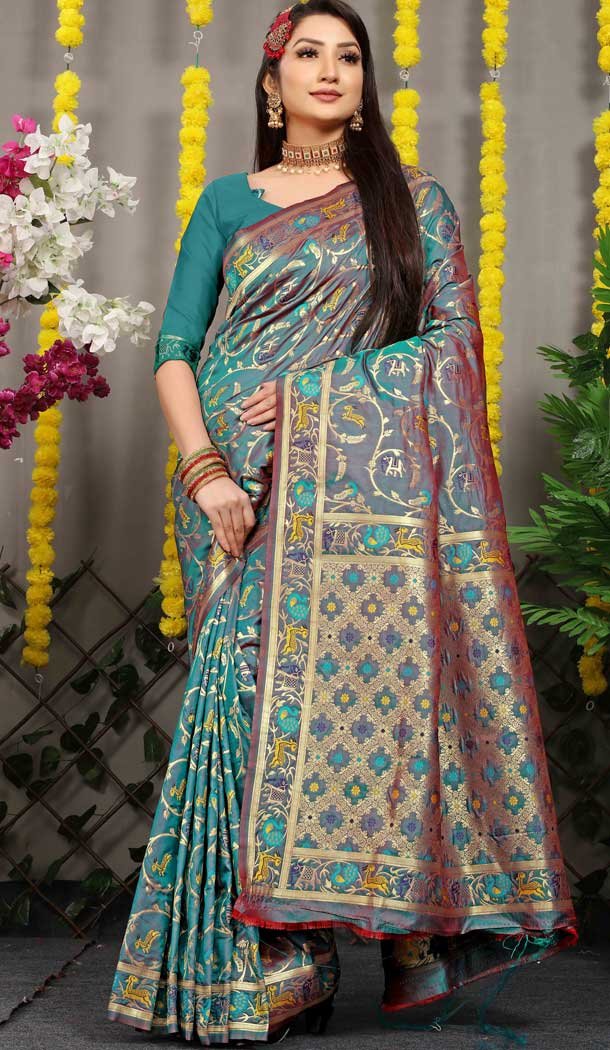 Teal Blue Color Jacquard Work Banarasi Silk Festival Wear Plus Size Saree - 4552155453