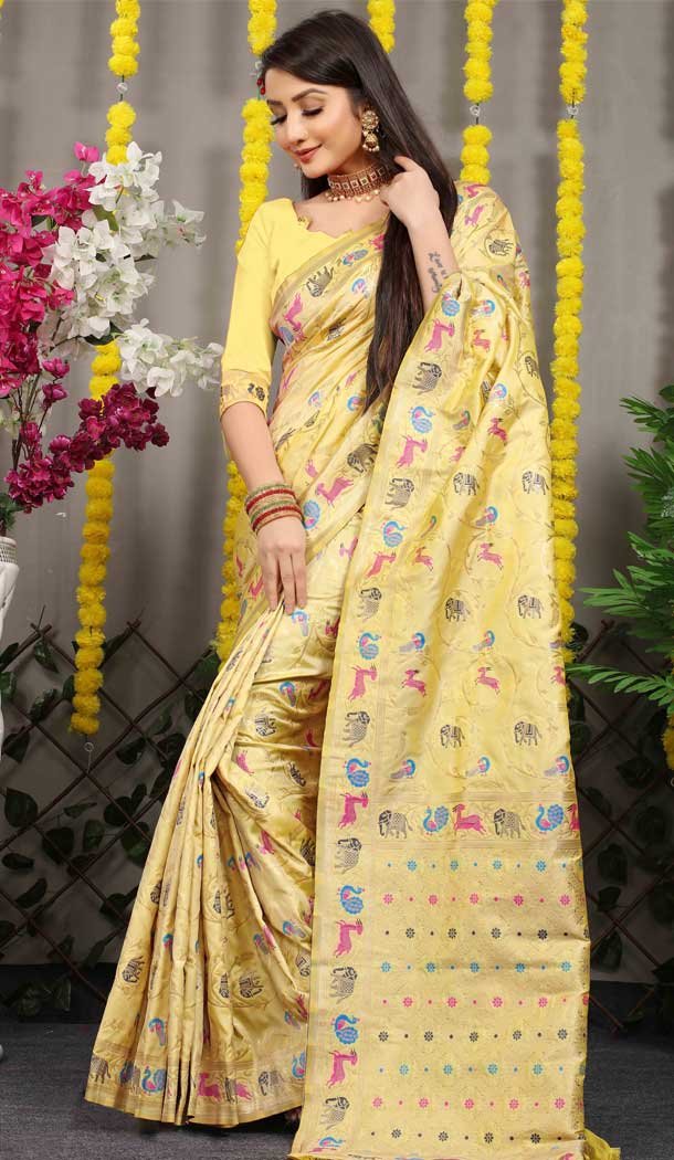 Light Yellow Jacquard Work Banarasi Silk Festival Wear Plus Size Saree - 4552155454