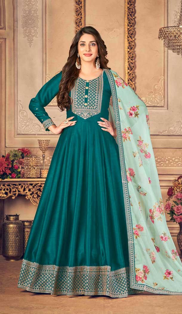 Teal Blue Color Embroidery Work Jiyo Silk Slub Wedding Wear Anarkali Salwar Kameez -4561155504