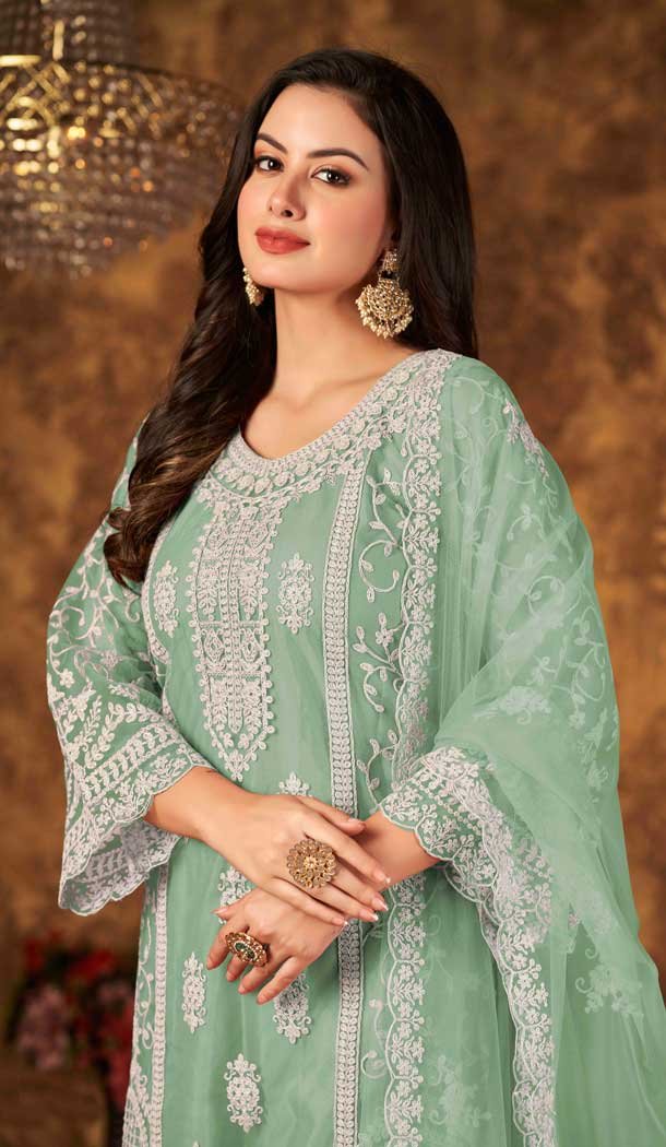 Pista Green Color Cording Work Net Evening Wear Plus Size Palazzo Suit -4562155509