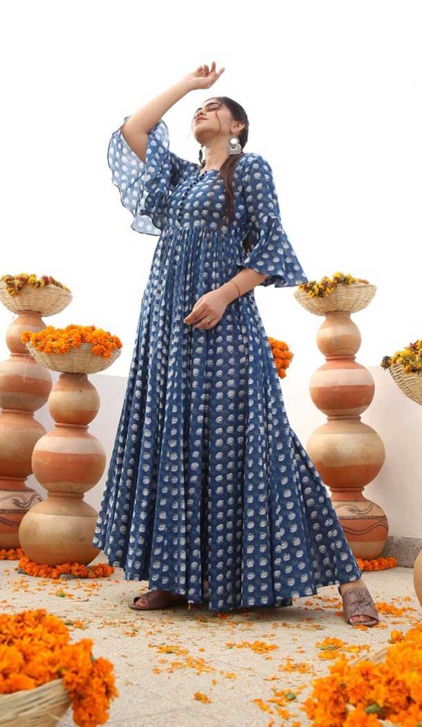 Digital Print Work Cotton Anarkali Style Kurti In Blue Color -2465139383