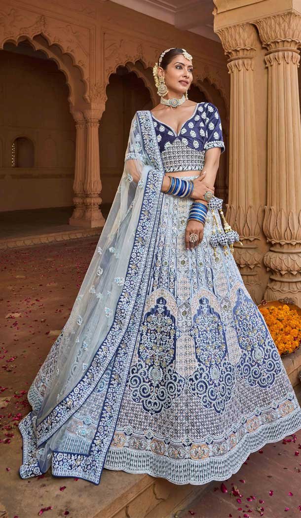 Pretty Blue Color Embroidery Velvet Bridal Wedding Wear Lehenga Choli -4578155653