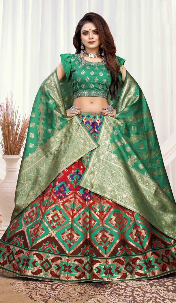 Green Color Banarasi Meenakari Traditional Wear Lehenga Choli -45881557732