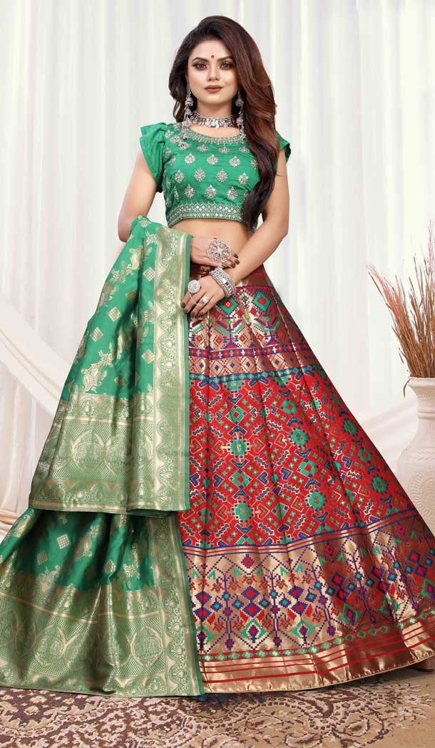 Green Red Color Banarasi Meenakari Traditional Wear Lehenga Choli -45881557735