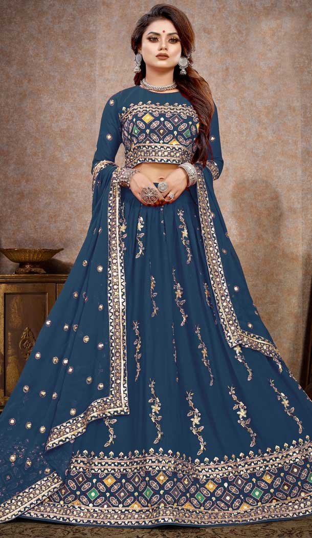 Navy Blue Embroidery Viscose Georgette Designer wear Lehenga Choli -4589155742