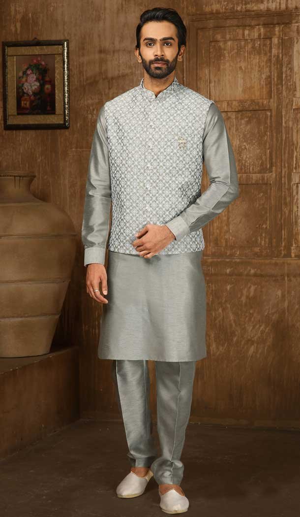 Grey Banarasi Art Silk Work Wedding Wear Men's Kurta Pajama With Jacket -4606155895