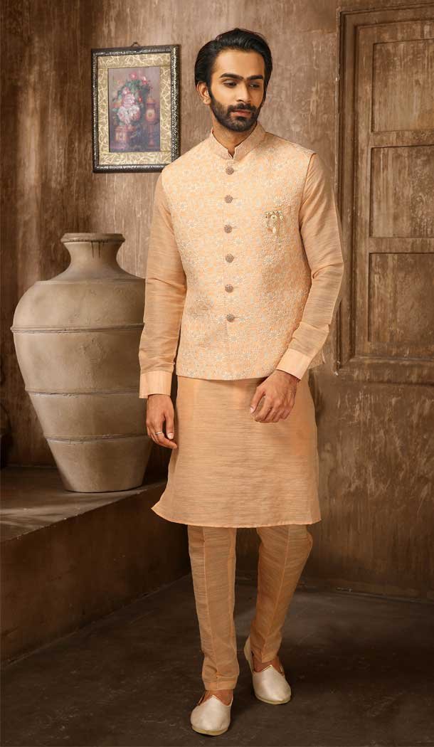 Peach Color Banarasi Art Silk Work Wedding Wear Men's Kurta Pajama With Jacket -4606155907