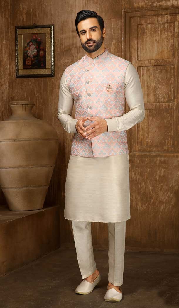 Digital Printed Thread Work Pink Cream Color Men's Wedding Wear Kurta Pajama With Jacket -4606155911