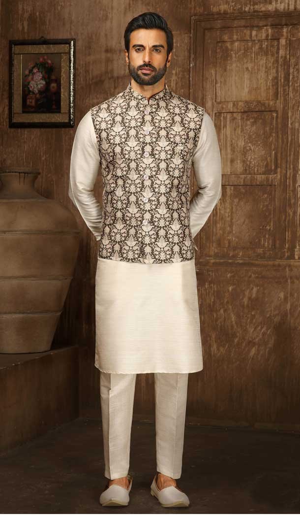 Digital Printed Thread Work Mehendi Cream Color Men's Wedding Wear Kurta Pajama With Jacket -4606155915