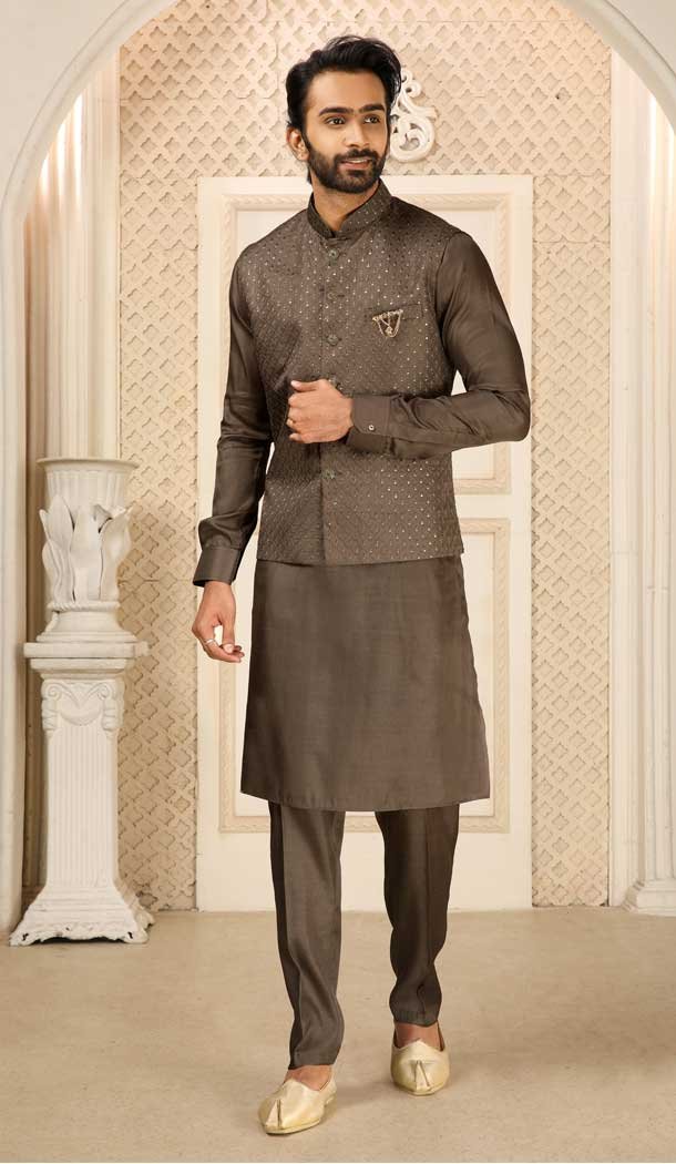 Banarasi Art Silk Work Dark Brown Color Men's Kurta Pajama With Jacket -4606155921