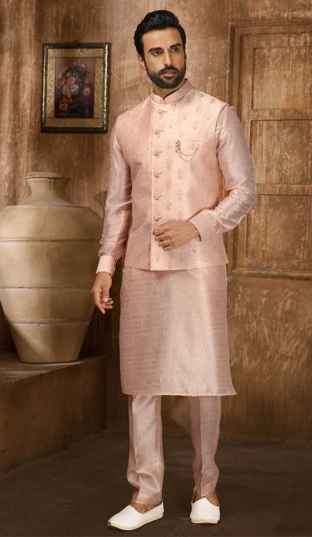 Banarasi Art Silk Work Peach Color Men's Kurta Pajama With Jacket -4606155923