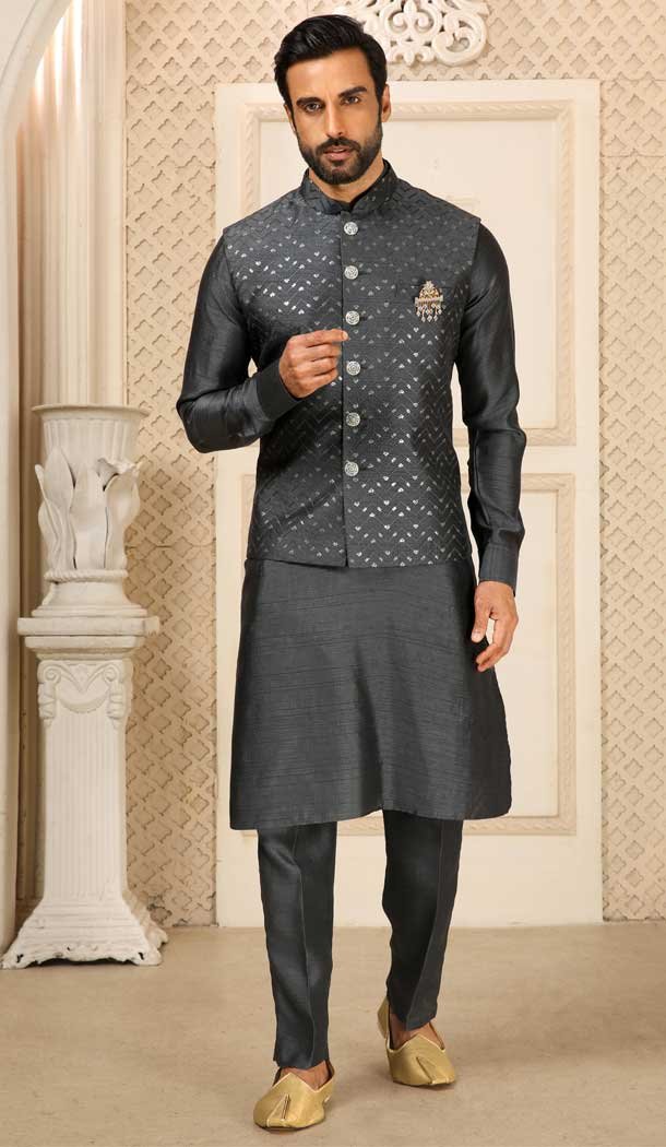 Dark Grey Color Banarasi Art Silk Men's Function Wear Kurta Pajama With Jacket -4607155930