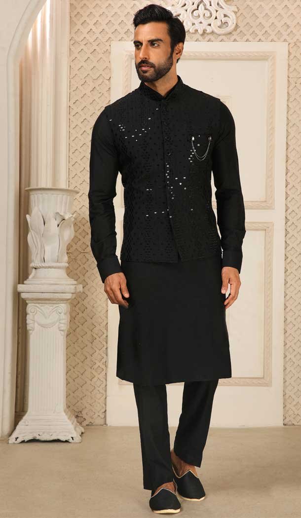 Function Wear Black Color Mirror Work Art Silk Men's Kurta Pajama With Jacket -4607155935