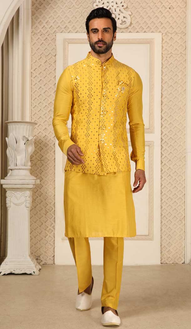 Function Wear Haldi Color Mirror Work Art Silk Men's Kurta Pajama With Jacket -4607155936