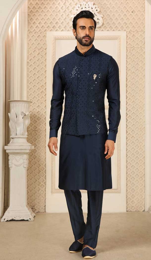 Function Wear Navy Blue Color Mirror Work Art Silk Men's Kurta Pajama With Jacket -4607155937