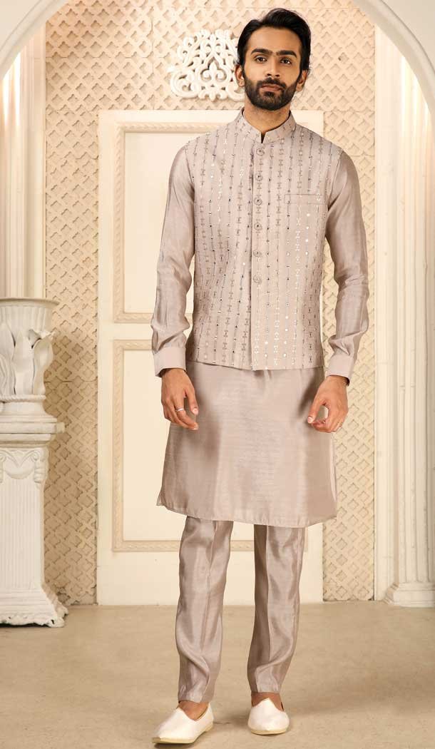 Function Wear Light Taupe Color Mirror Work Art Silk Men's Kurta Pajama With Jacket -4607155940