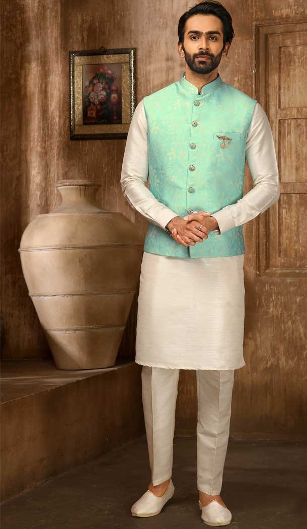 Weaving Work Jacquard Firozi Cream Men's Function Wear Kurta Pajama With Jacket -4607155946