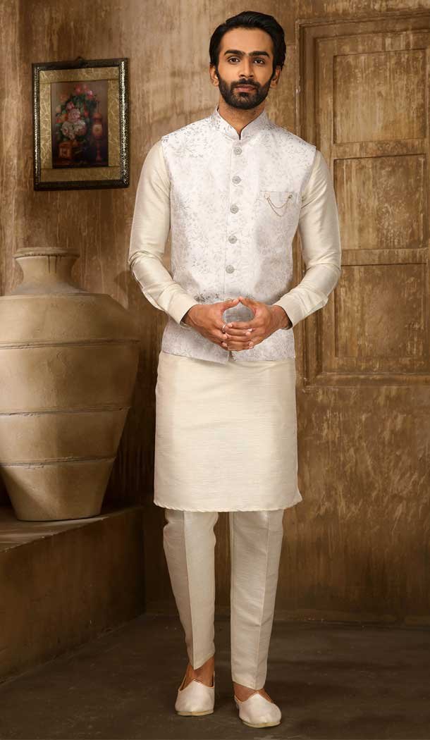 Weaving Work Jacquard White Cream Men's Function Wear Kurta Pajama With Jacket -4607155950