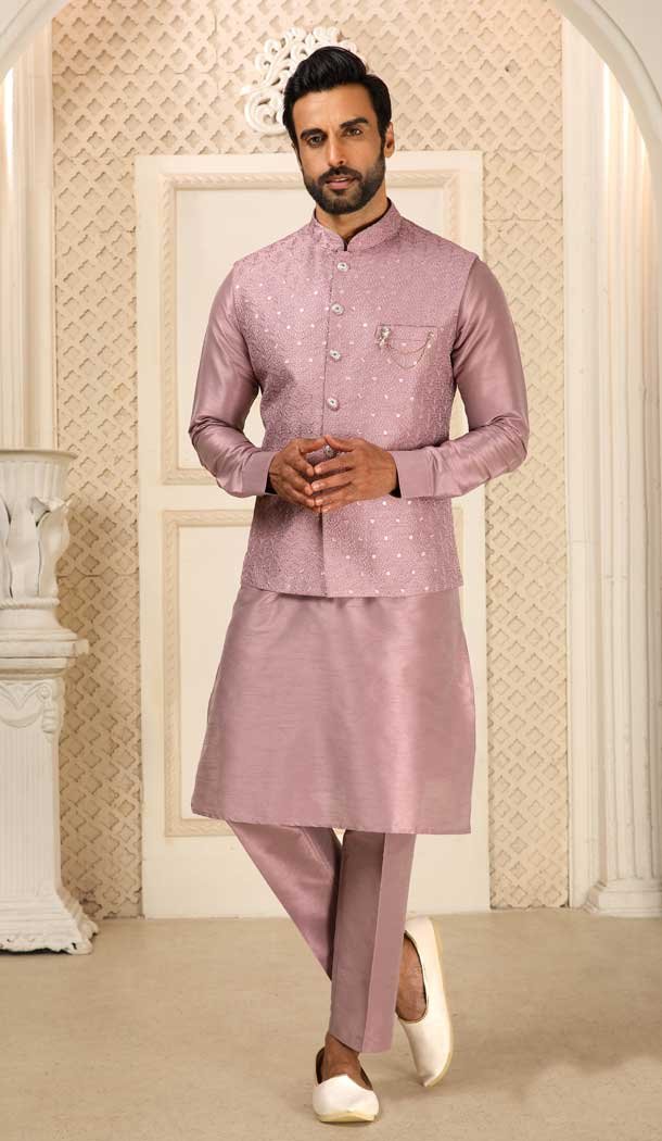 Onion Color Embroidery Work Art Banarasi Silk Men's Wear Kurta Pajama With Jacket -4607155956