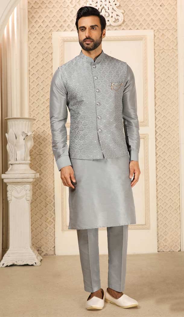 Grey Color Embroidery Work Art Banarasi Silk Men's Wear Kurta Pajama With Jacket -4607155957
