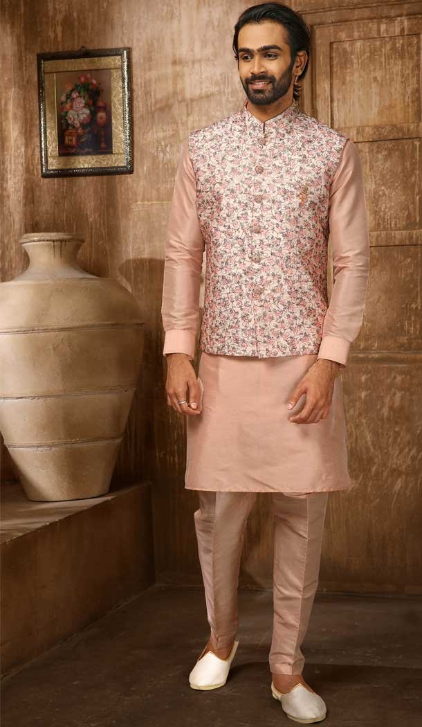 Peach Color Embroidery Work Art Banarasi Silk Men's Wear Kurta Pajama With Jacket -4607155958