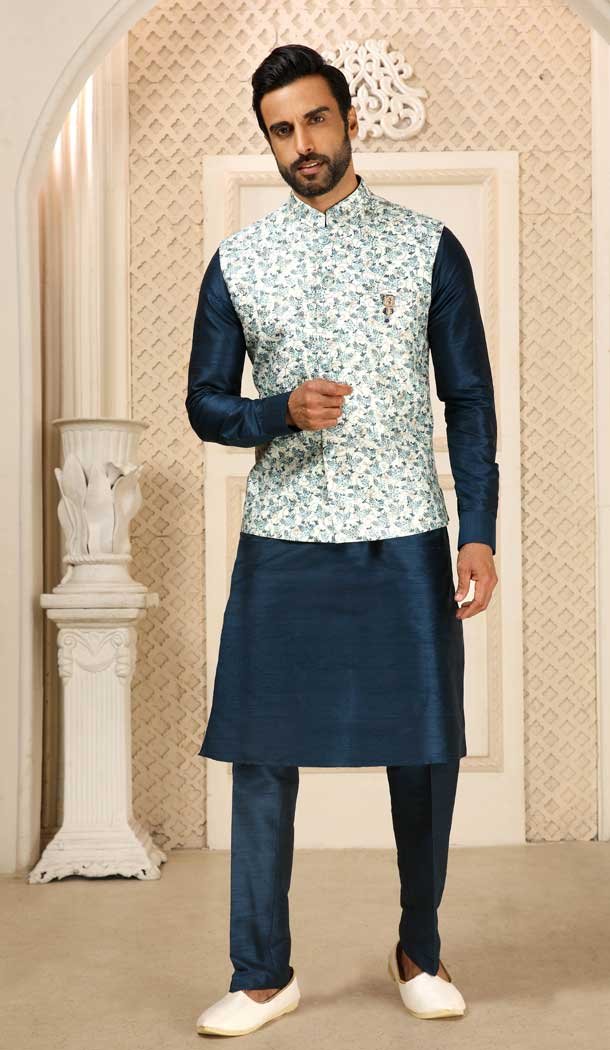 Blue Color Embroidery Work Art Banarasi Silk Men's Wear Kurta Pajama With Jacket -4607155959