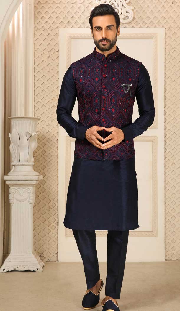 Art Banarasi Silk Embroidery Work Men's Kurta Pajama With Jacket In Navy Blue Color -4607155962