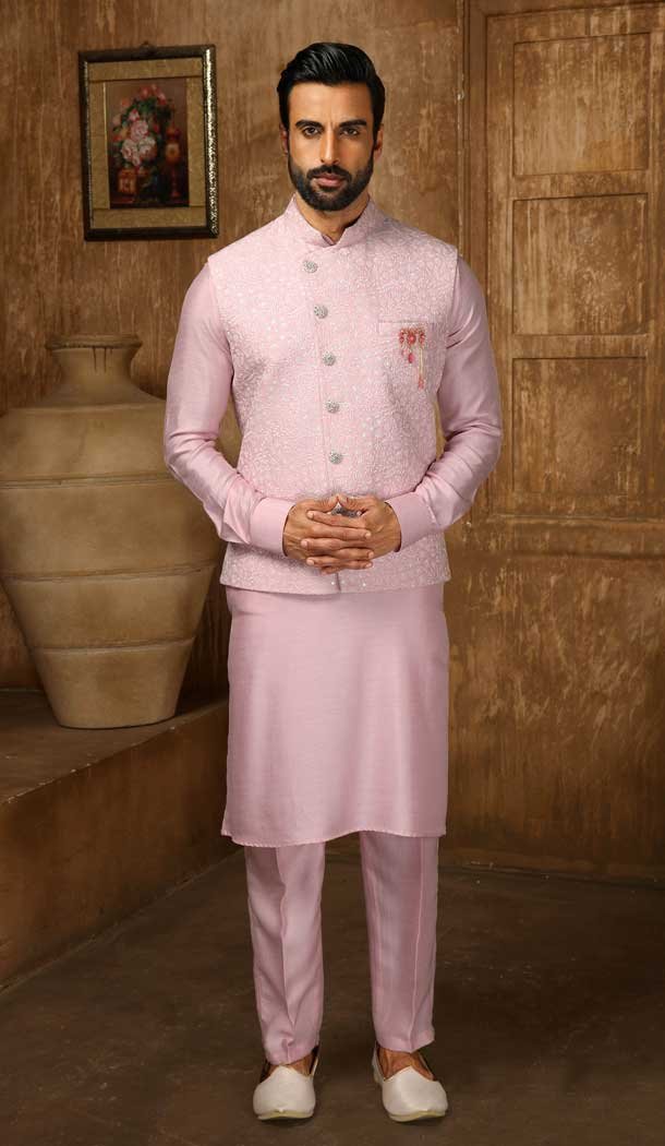 Art Banarasi Silk Embroidery Work Men's Kurta Pajama With Jacket In Pink Color -4607155964