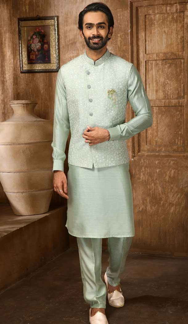 Art Banarasi Silk Embroidery Work Men's Kurta Pajama With Jacket In Pista Green Color -4607155965
