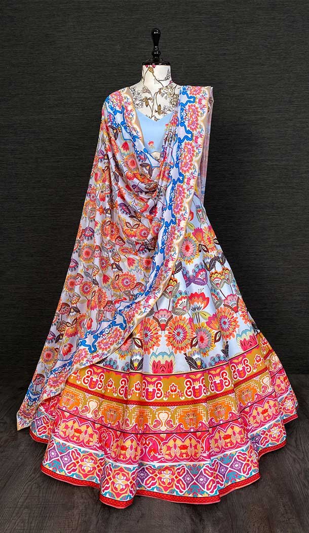 Sky Blue and Multi Color Print Work Vaishali Silk Festival Wear Lehenga Choli -4610155997