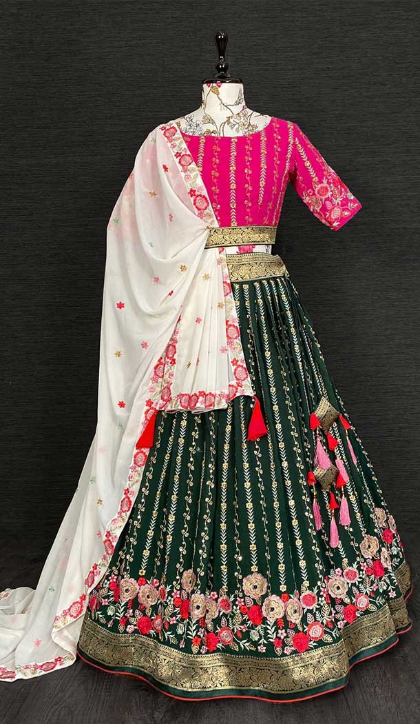 Green Georgette Sequins Embroidery Work Party Wear Plus Size Lehenga Choli -4611156000