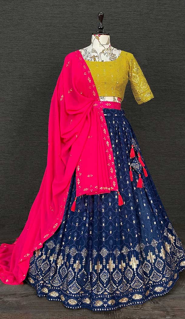 Navy Blue Georgette Sequins Embroidery Work Party Wear Plus Size Lehenga Choli -4611156002