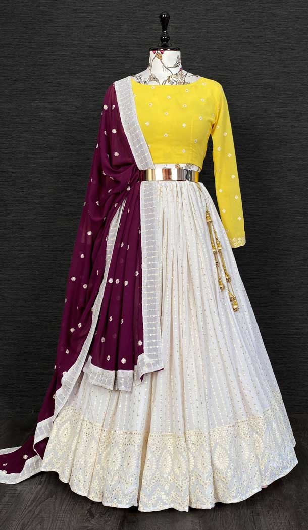 White Georgette Thread And Sequins Work Party Wear Plus Size Lehenga Choli -4611156004