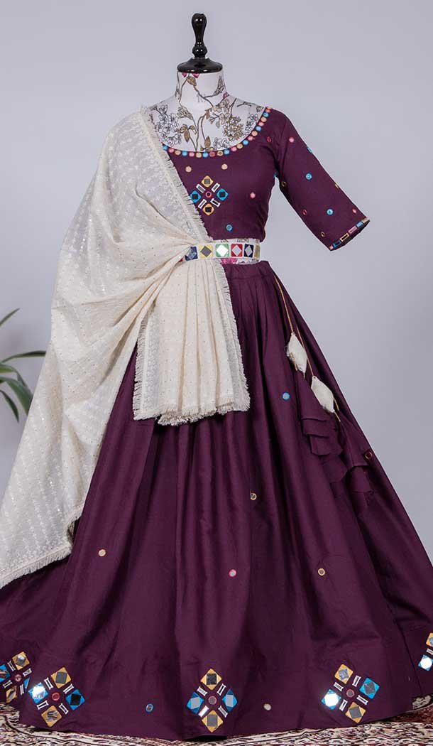 Dark Purple Cotton Original Mirror Handwork Party Wear Plus Size Lehenga Choli -4611156009