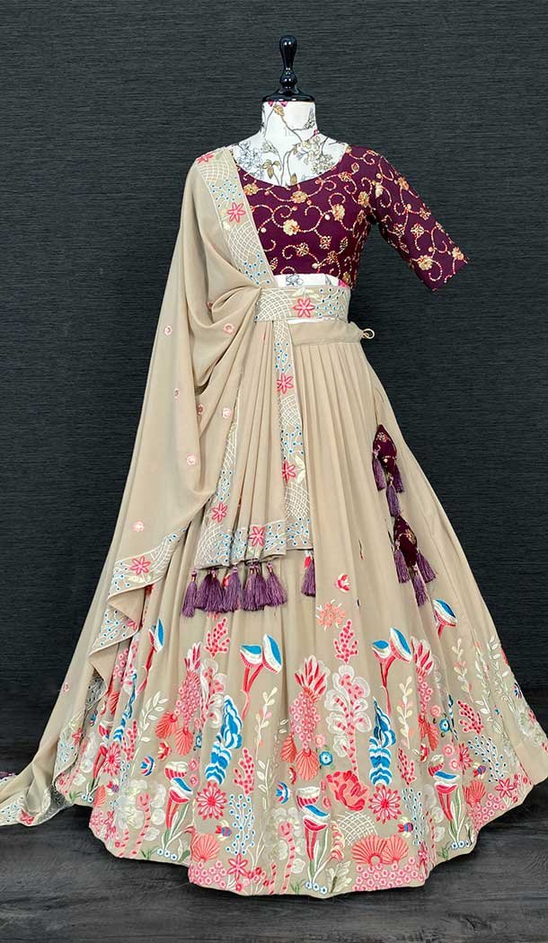 Beige Georgette Sequence Embroidery Work Party Wear Plus Size Lehenga Choli -4611156011