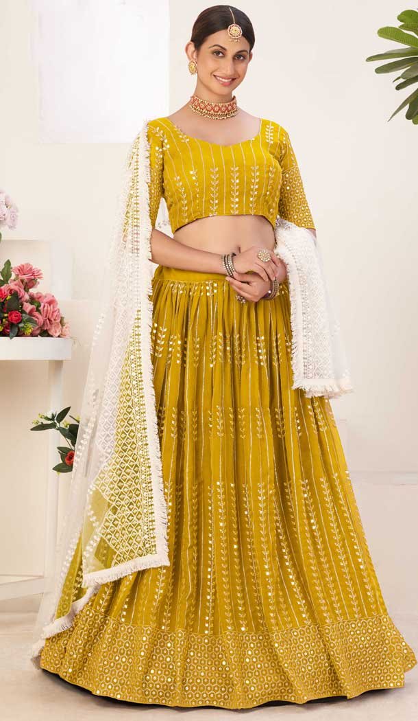 Mustard Color Georgette Embroidery Work Party Wear Lehenga Choli -4622156079