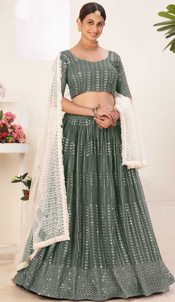 Sage Green Color Georgette Embroidery Work Party Wear Lehenga Choli -4622156080