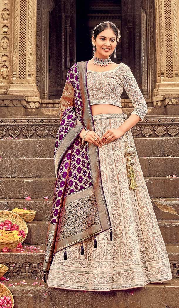 Beige Color Lakhnavi Work Pure Georgette Designer Wear Plus Size Lehenga Choli -4653156425