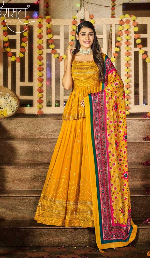 Party Wear Yellow Color Viscose Georgette Sequence Work Lehenga Choli -4661156475