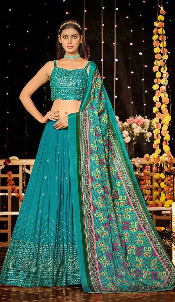 Party Wear Sky Color Viscose Georgette Sequence Work Lehenga Choli -4661156476