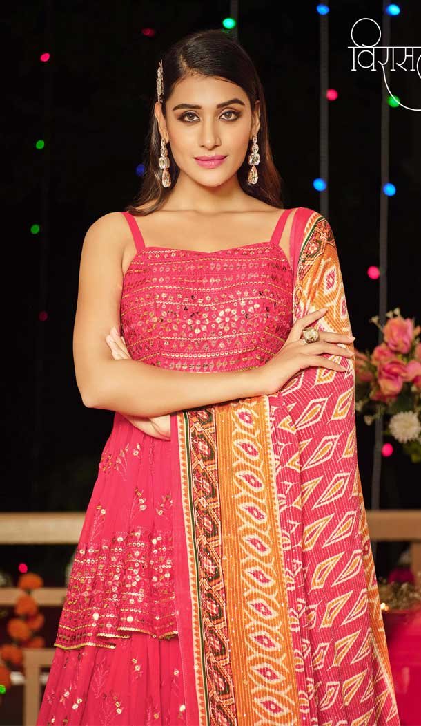 Party Wear Pink Color Viscose Georgette Sequence Work Lehenga Choli -4661156477