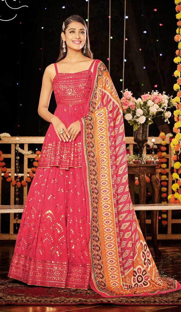 Party Wear Pink Color Viscose Georgette Sequence Work Lehenga Choli -4661156477
