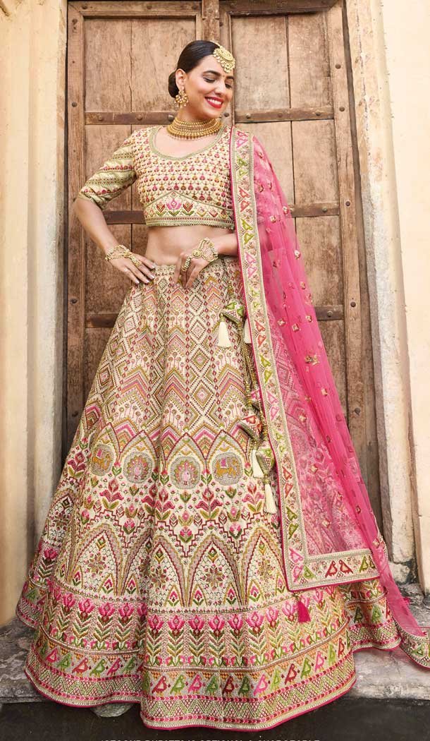 Cream Color Embroidery Work Bridal Wedding Wear Plus Size Lehenga Choli -4645156317