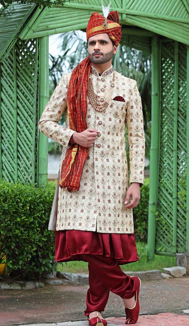 Cream Color Soft Art Silk Embroidery Work Wedding Wear Men's Sherwani -4667156508