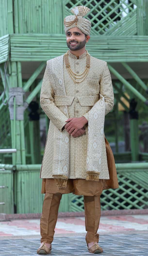 Rust Color Soft Art Silk Embroidery Work Wedding Wear Men's Sherwani -4667156509