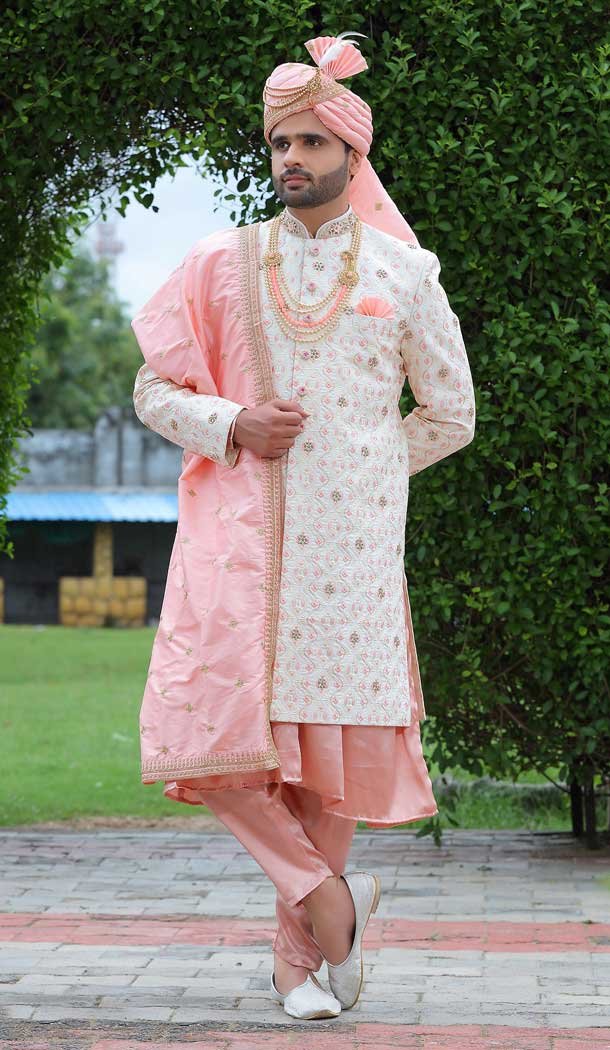 Off White Color Soft Art Silk Embroidery Work Wedding Wear Men's Sherwani -4667156513