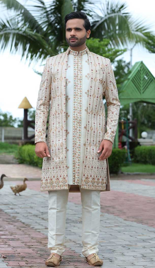 Soft Art Silk Off White Color Embroidery Work Wedding Wear Men's Sherwani -4667156514